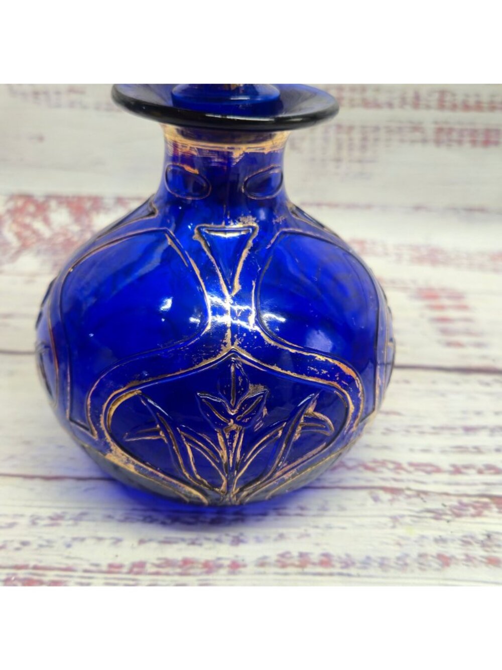 Vintage Cobalt Blue bohemian glass perfume bottle Hand-Painted Gold Floral - Picture 8 of 16